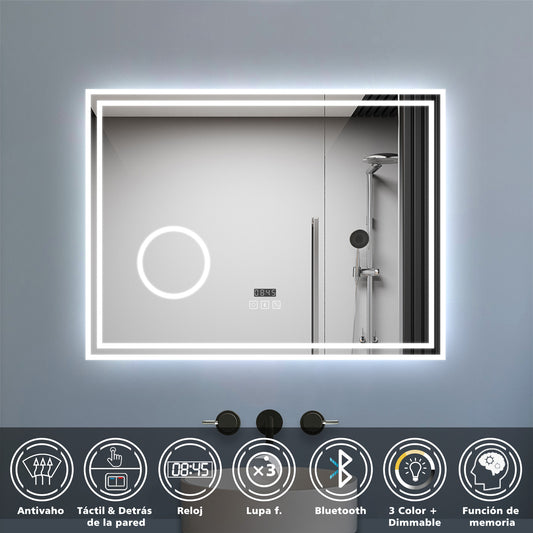 Aica Espejo de baño LED ,Reloj,Lupa,Bluetooth