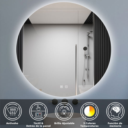 Espejo de baño redondo LED , antivaho, luz tricolor regulable, función memoria