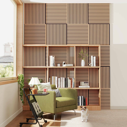 Paneles acústicos decorativos de MDF para paredes - Set de 4 Unidades - 60x60 cm - Color roble claro/Color roble oscuro