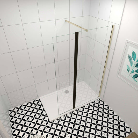 Mampara de ducha fija + lateral (50-160+30)x200cm - Oro Cepillado - Cristal templado 8mm antical - Barra 73-120/70-120/N-forma:90/F forma:90cm - Perfil aluminio dorado -Pivote negro