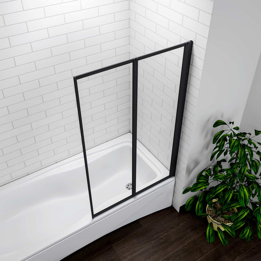 AICA Mampara de Ba?era 2 Hojas Plegables Vidrio Templado 4mm Perfil Negro Mate Tama?o:(890-900)x1400mm