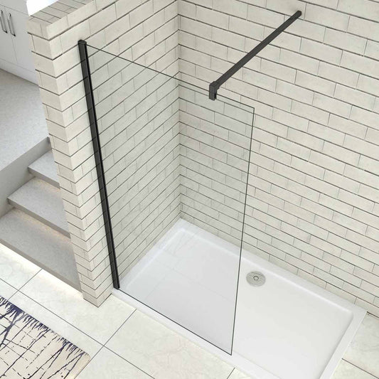 AICA Walk in Mampara de ducha frontal 1 hoja sin marco exterior, Cristal templado antical 5mm con Barra 140cm,Perfil Negro Mate,(680-700)x1900mm/(780-800)x1900mm