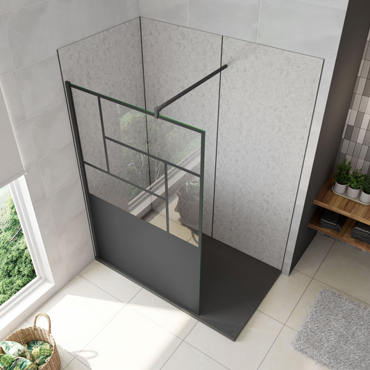 AICA Walkin Mampara Panel de ducha Pantalla Panel Fijo estilo industrial Cristal Antical 8mm con Barra 140cm Perfil Negro Mate,(877-900)x2000mm/(977-1000)x2000mm/(1177-1200)x2000mm