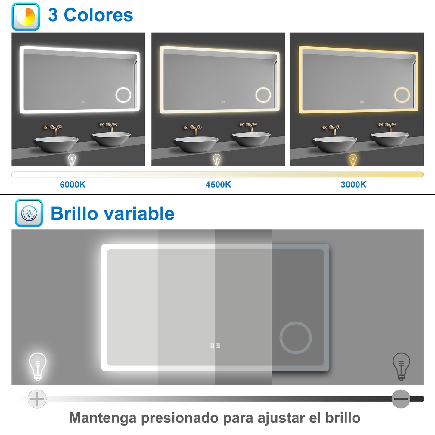 Aica Espejo de baño LED,Bluetooth,Espejo de aumento,Tricolor regulable