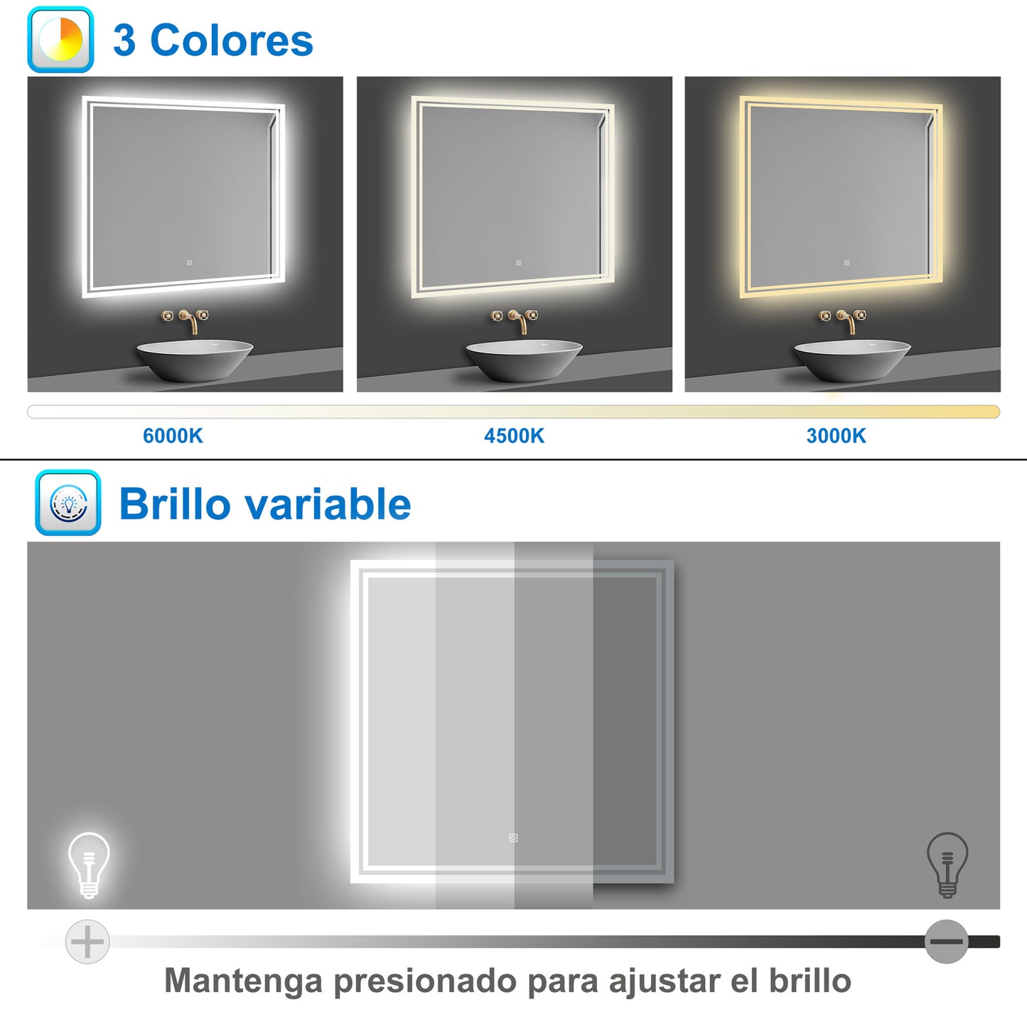 Aica Espejo de baño LED 80×80cm, antivaho, brillo regulable, función memoria