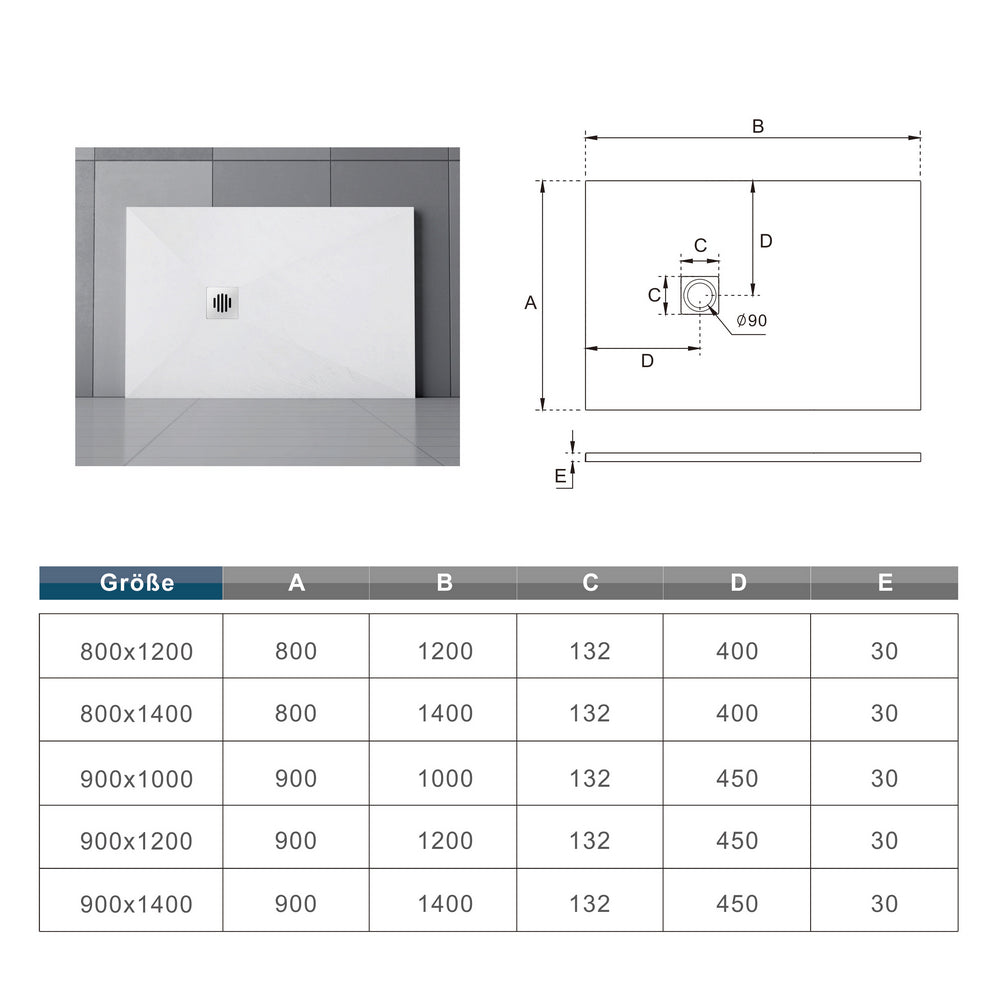 AICA Plato de Ducha Rectangular 80x140x3cm/90x140x3cm Blanco textura pizarra + Desagüe con tapa de acero inoxidable de forma rejilla (juegos incluidos)/Desagüe con tapa plástica de forma rejilla (juegos incluidos)