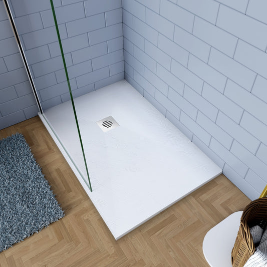 AICA Plato de Ducha Rectangular 80x140x3cm/90x140x3cm Blanco textura pizarra + Desagüe con tapa de acero inoxidable de forma rejilla (juegos incluidos)/Desagüe con tapa plástica de forma rejilla (juegos incluidos)