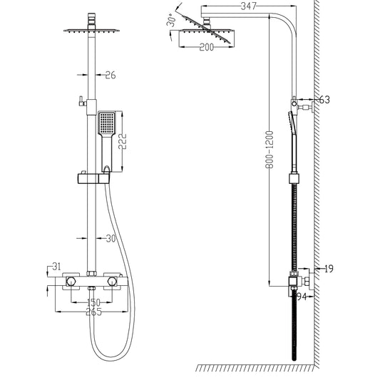 Ducha Casa Columna de Ducha termostática, Alcachofa Cuadrada, Ducha Lluvia, Barra regulable en 80-120cm, Baño y Bañera