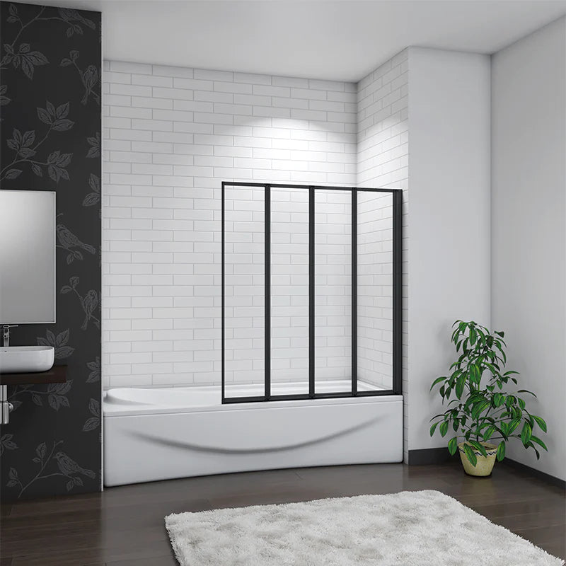 Mampara de Bañera 4 Hojas Plegables Vidrio Templado 4mm Perfil Negro Mate
