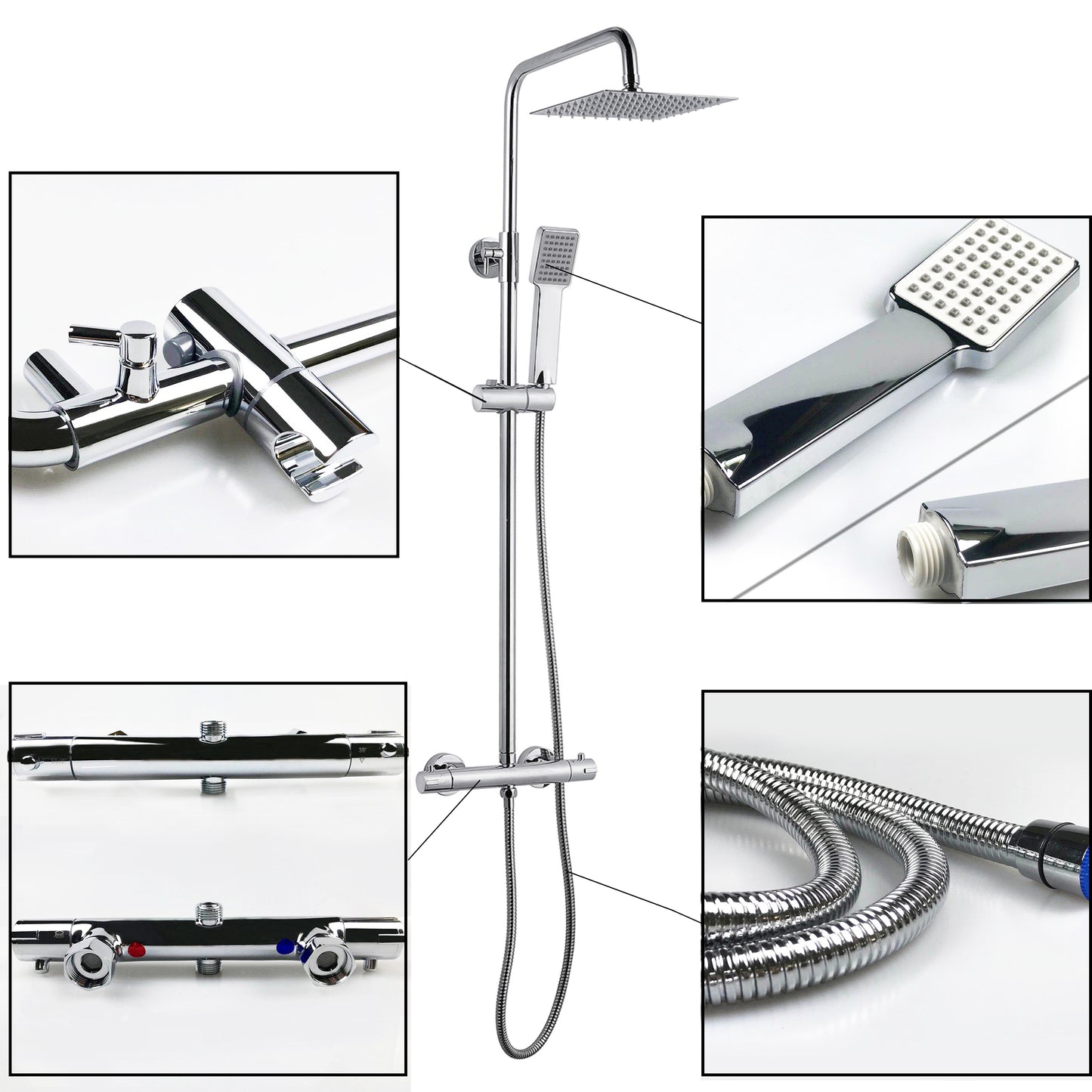 Aica Juego de Columna de ducha, termostato 38?, Regulable 80~116cm, Alcachofa cuadrada cromada en acero inoxidable, Plata Baño Lluvia, Grifo de ducha