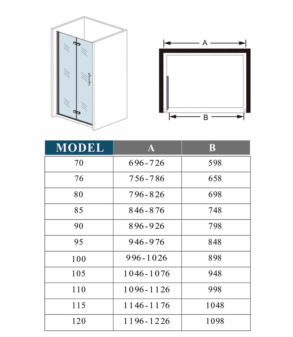 Mampara ducha frontal baño dos puerta plegable con perfil negro mate ,estilo industrial, 5 mm cristal templado, Easyclean, altura 190 cm