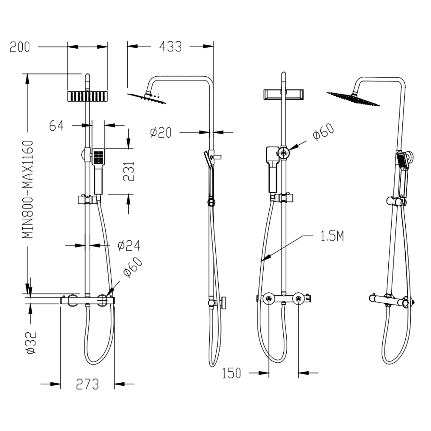 Aica Juego de Columna de ducha, termostato 38?, Regulable 80~116cm, Alcachofa cuadrada cromada en acero inoxidable, Plata Baño Lluvia, Grifo de ducha