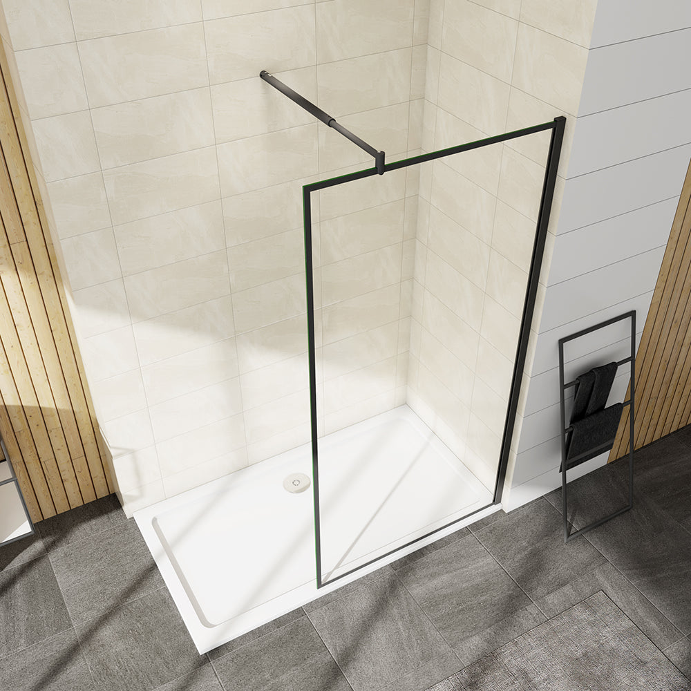 Walkin Mampara Panel de ducha borde de serigrafía negra Vidrio Antical 8mm con Barra 70-120cm Perfil Negro Mate AICA