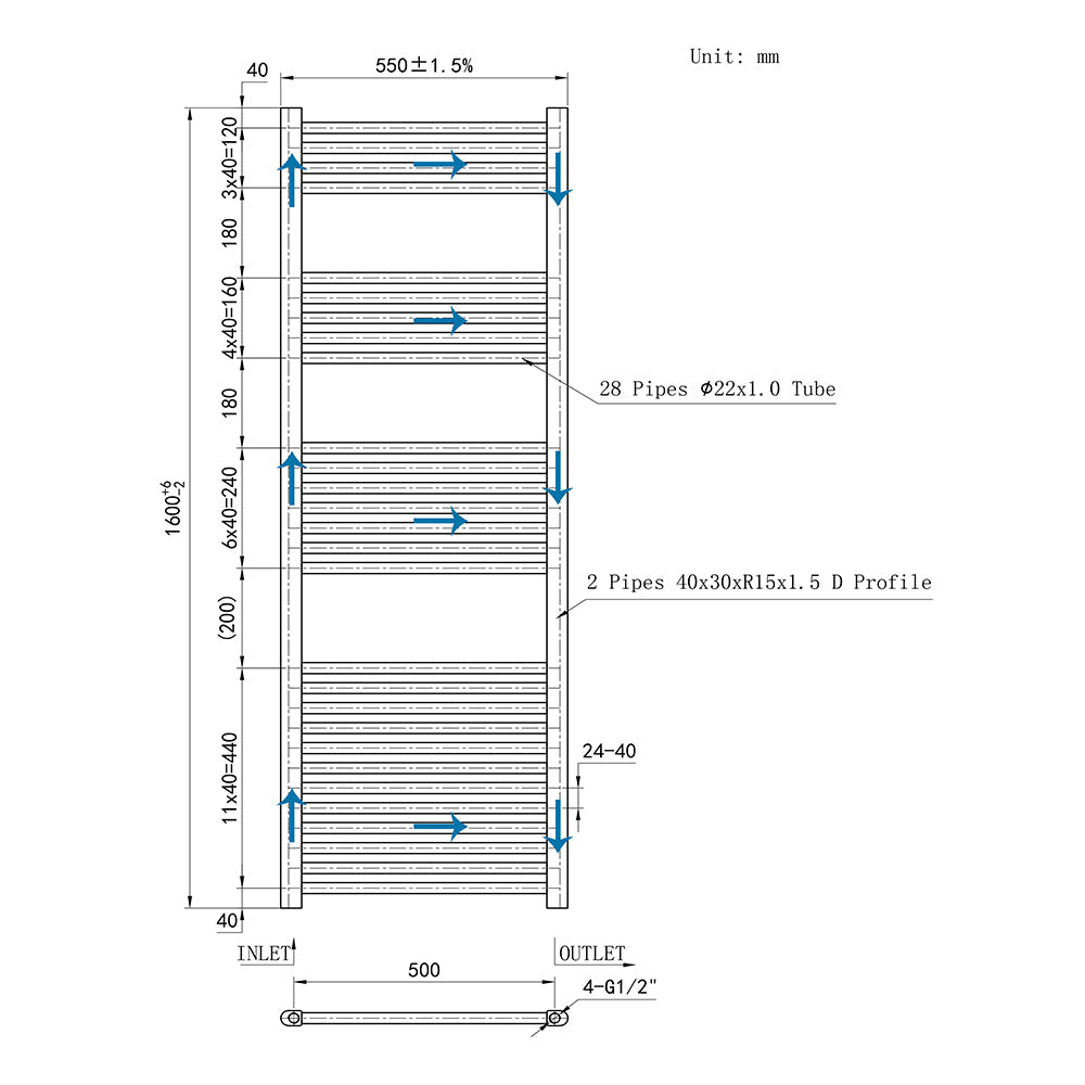 160CM Cromo Cuarto de baño Calefacción central Toallero Escalera Radiador Calentador