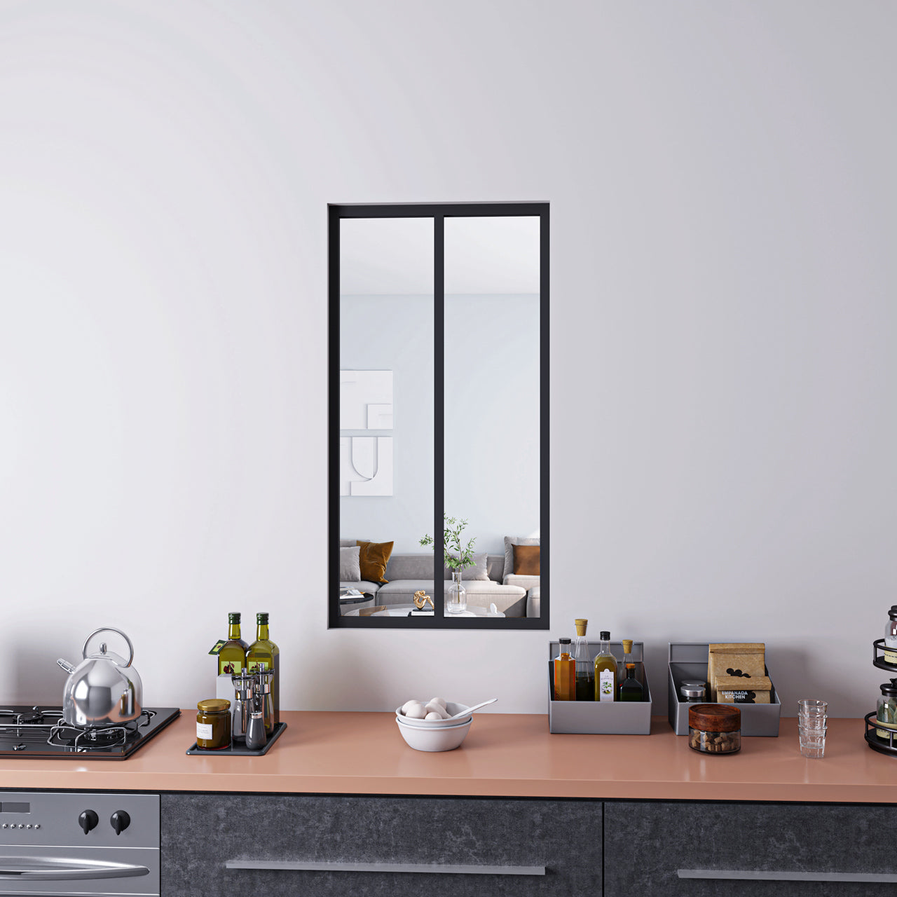 63x108cm AICA Separador de ambiente Cristal templado transparente 4mm 2 hojas enmarcadas con Perfil de aluminio negro mate