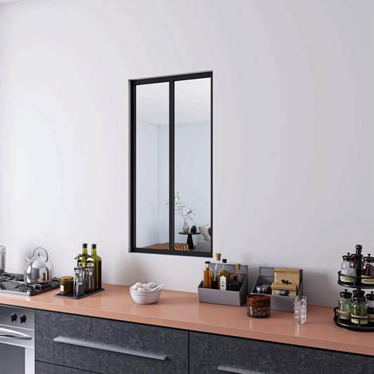 63x108cm AICA Separador de ambiente Cristal templado transparente 4mm 2 hojas enmarcadas con Perfil de aluminio negro mate