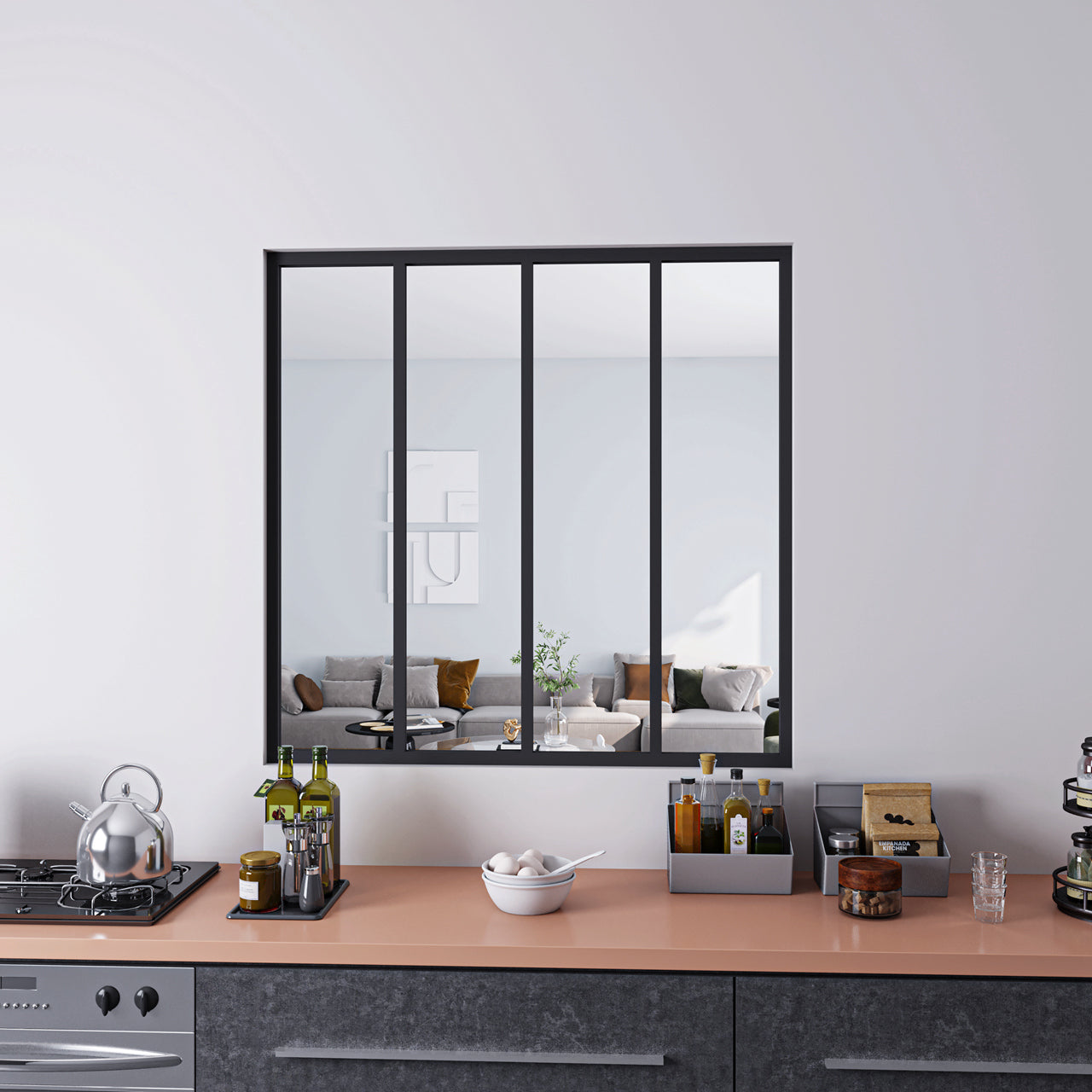 123x108cm AICA Separador de ambiente Cristal templado transparente 4mm 4 hojas enmarcadas con Perfil de aluminio negro mate
