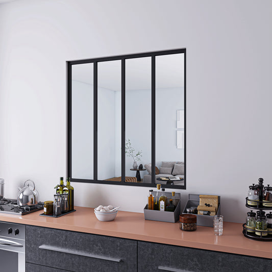 123x108cm AICA Separador de ambiente Cristal templado transparente 4mm 4 hojas enmarcadas con Perfil de aluminio negro mate