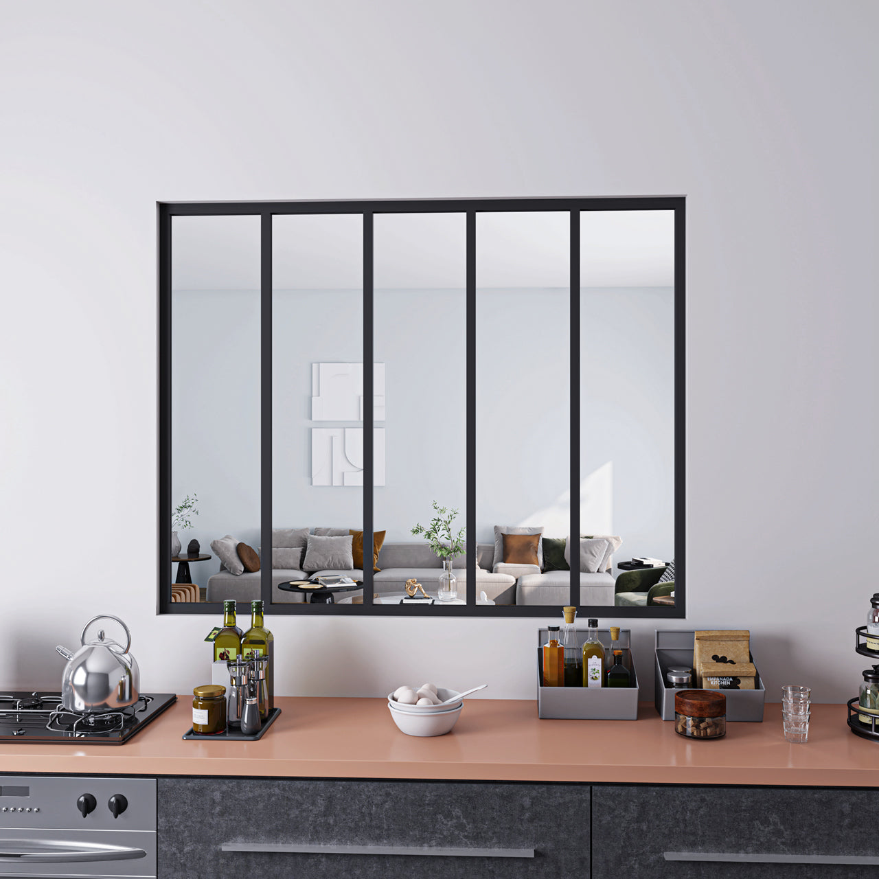153x108cm AICA Separador de ambiente Cristal templado transparente 4mm 5 hojas enmarcadas con Perfil de aluminio negro mate