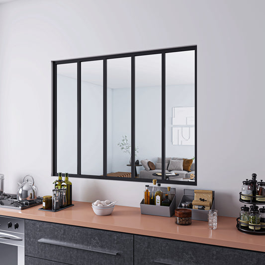 153x108cm AICA Separador de ambiente Cristal templado transparente 4mm 5 hojas enmarcadas con Perfil de aluminio negro mate