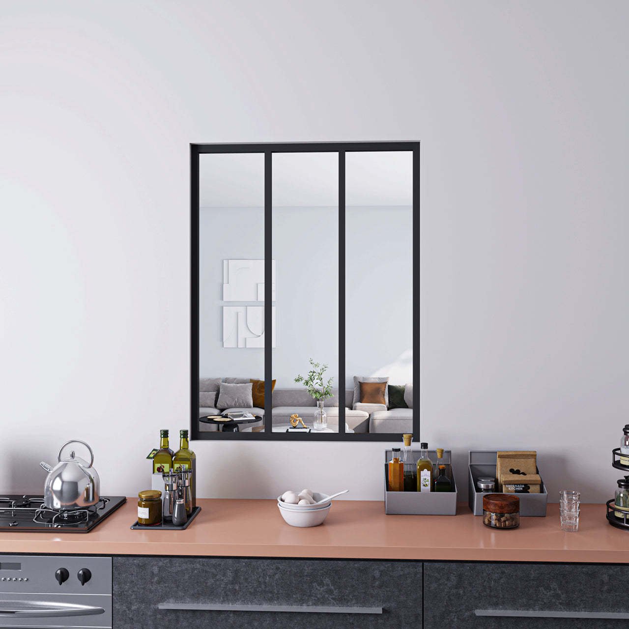 93x108cm AICA Separador de ambiente Cristal templado transparente 4mm 3 hojas enmarcadas con Perfil de aluminio negro mate