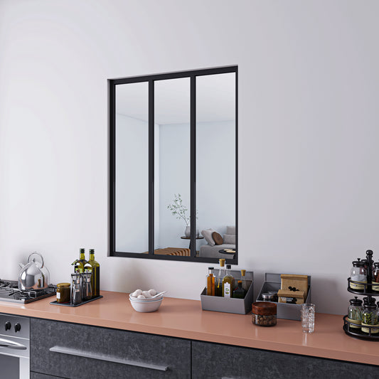 93x108cm AICA Separador de ambiente Cristal templado transparente 4mm 3 hojas enmarcadas con Perfil de aluminio negro mate