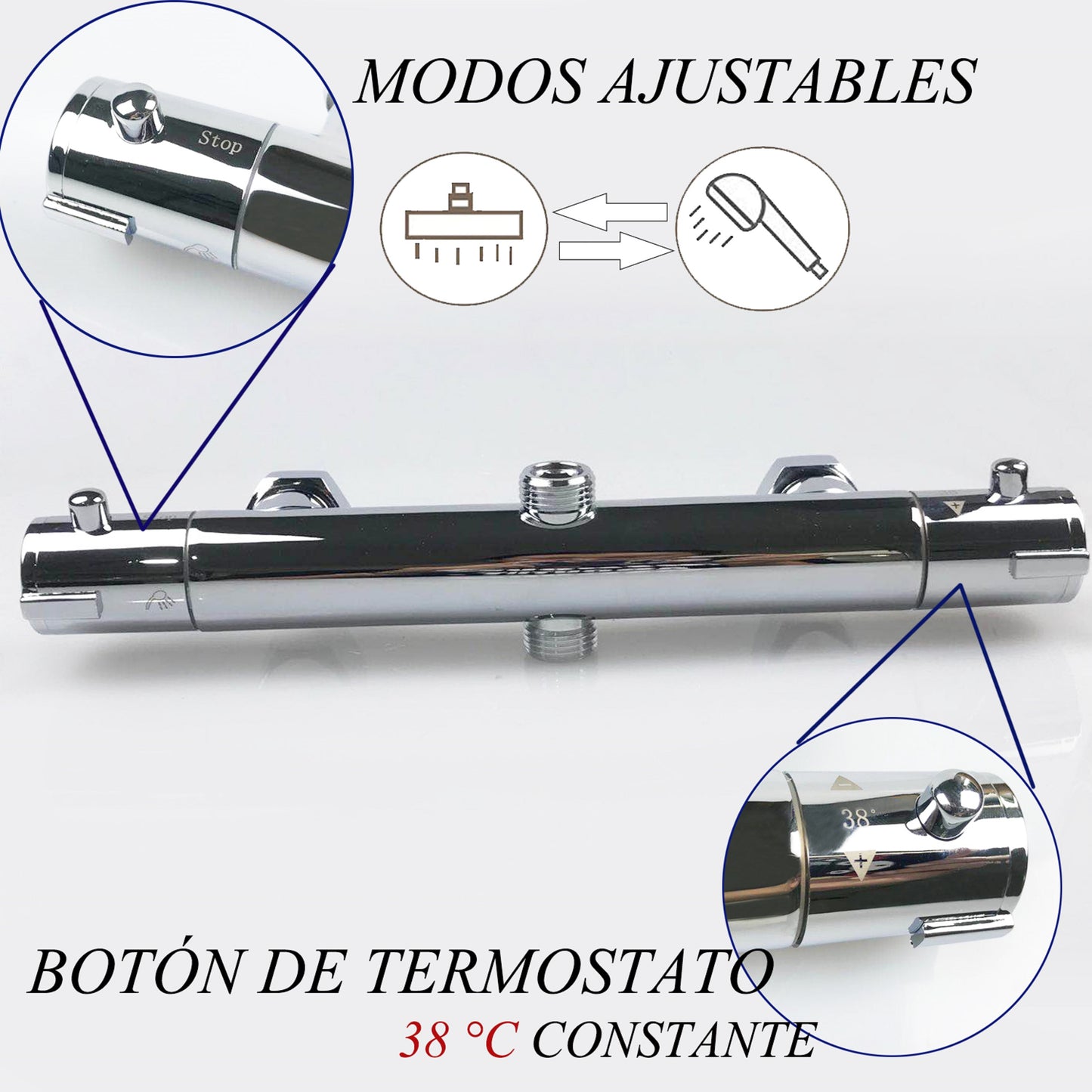 AICA Columna de Ducha con Termostato 38?, Pulverizador Superior Redondo, Barra de Acero Inoxidable 80~116cm, Ducha Lluvia