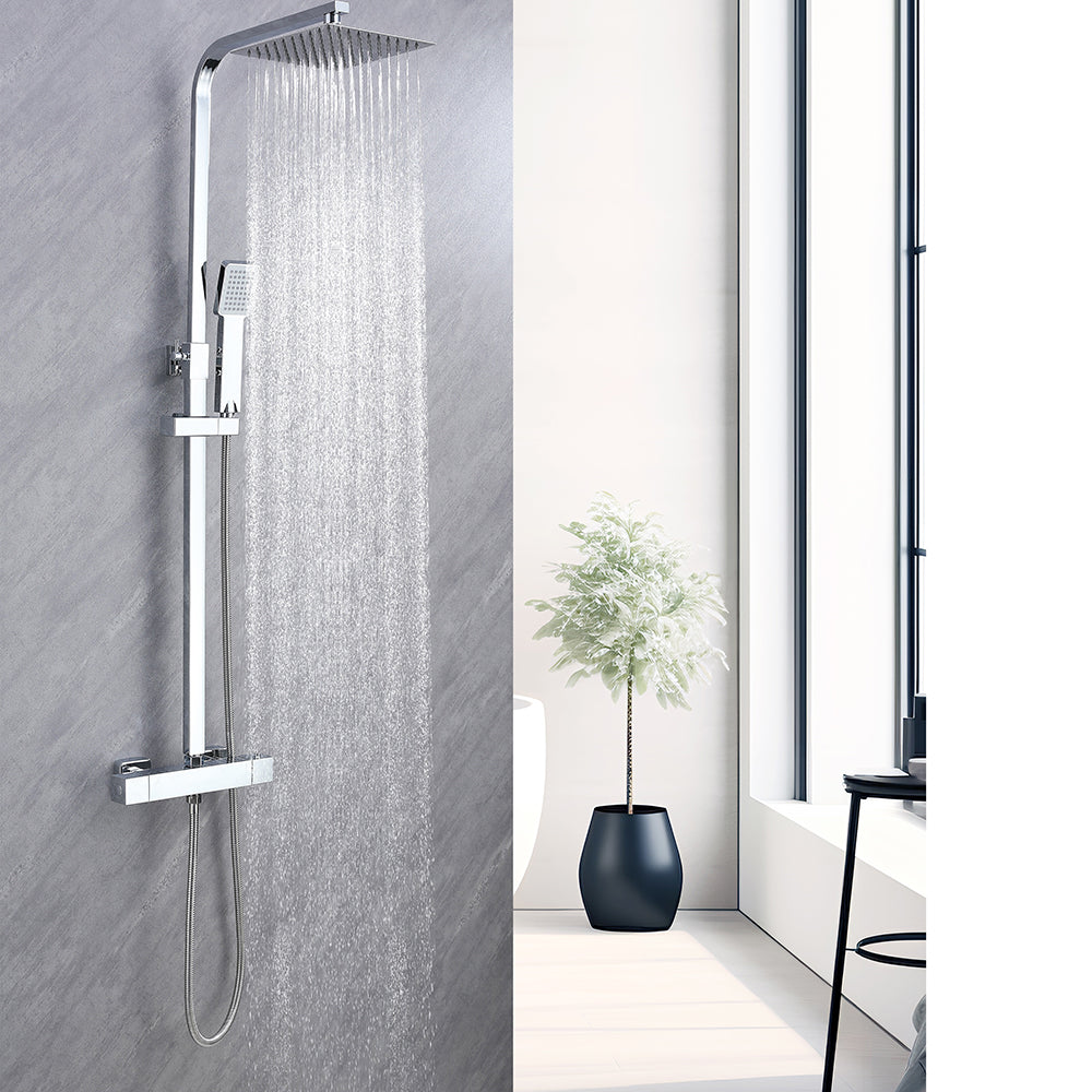 Columna de Ducha Termostática Plata Brillante con Barra Ajustable y Rociador Superior Acero Inoxidable Diseño Sencillo para Baño Aica Sanitarios