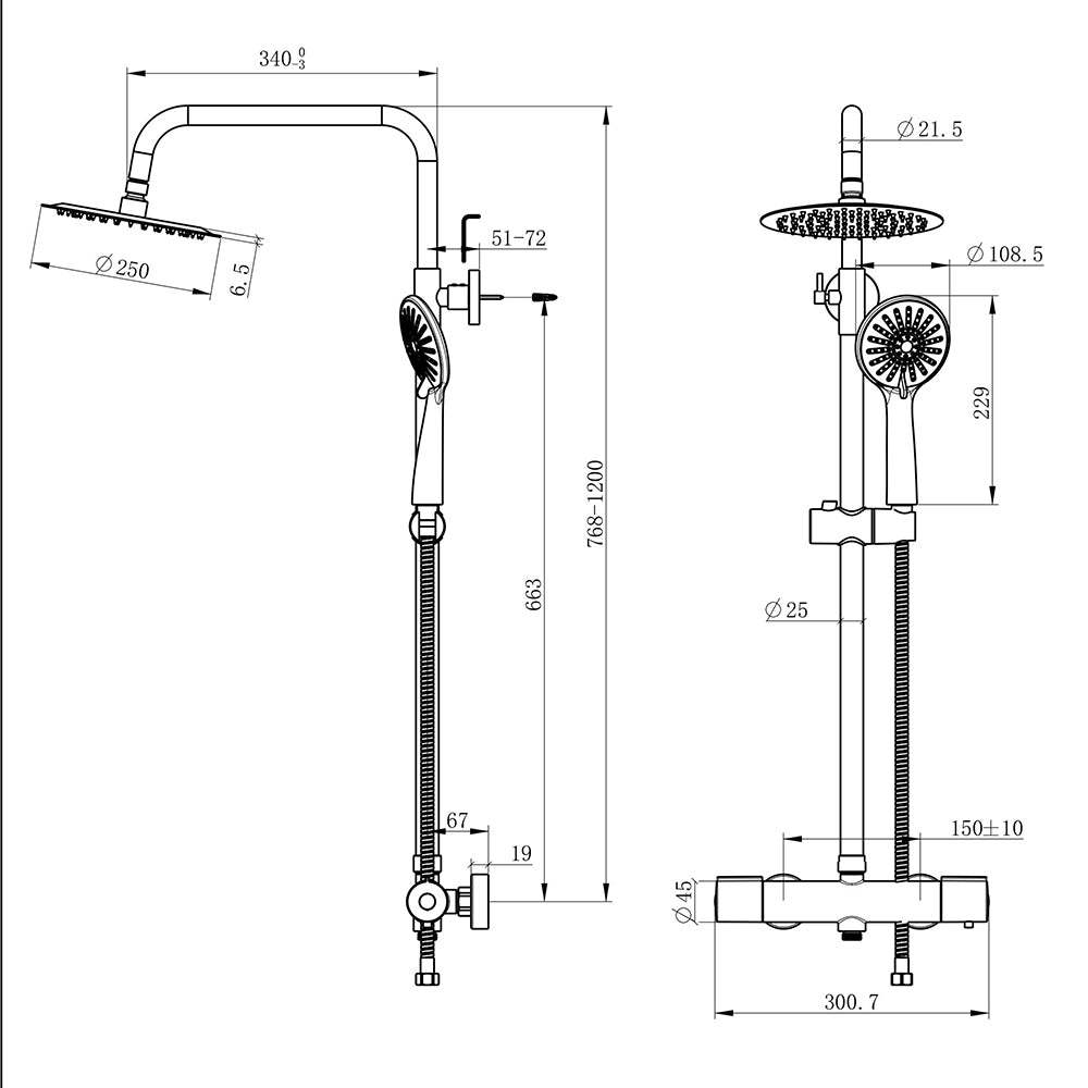 con Alcachofa Redonda Grande 10 pulgadas y Radiador de Mano de 3 tipos de Chorro Negro Mate para Baño Columna de Ducha Termostática Aica Sanitarios
