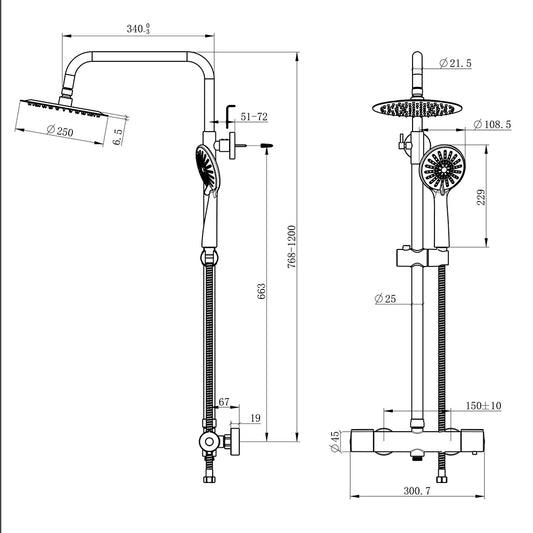 con Alcachofa Redonda Grande 10 pulgadas y Radiador de Mano de 3 tipos de Chorro Negro Mate para Baño Columna de Ducha Termostática Aica Sanitarios