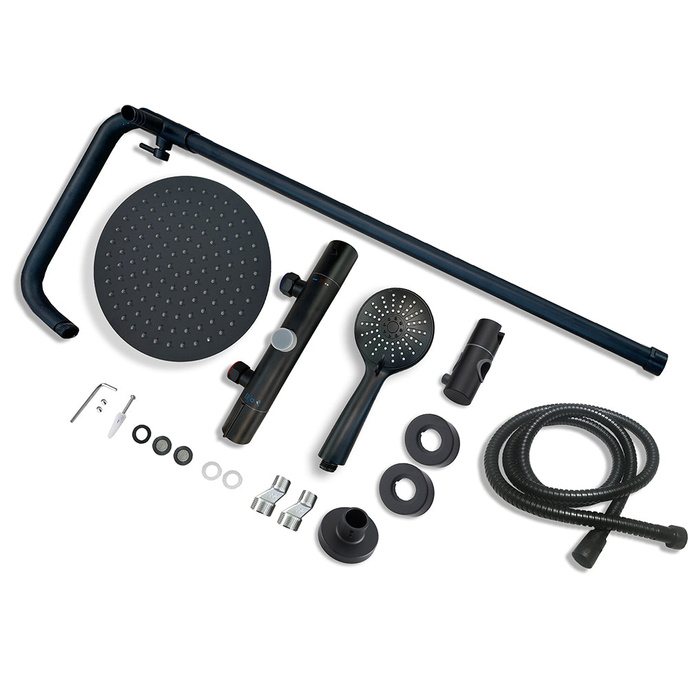 con Alcachofa Redonda Grande 10 pulgadas y Radiador de Mano de 3 tipos de Chorro Negro Mate para Baño Columna de Ducha Termostática Aica Sanitarios