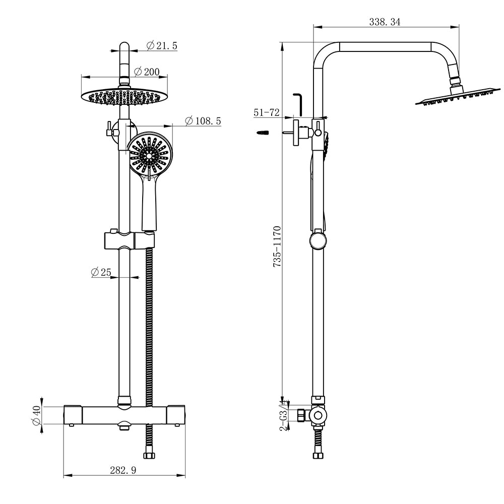 Columna de Ducha Termostática con Redonda Barra y Alcachofa Superior Negro Mate Diseño Sencillo para Baño Aica Sanitarios