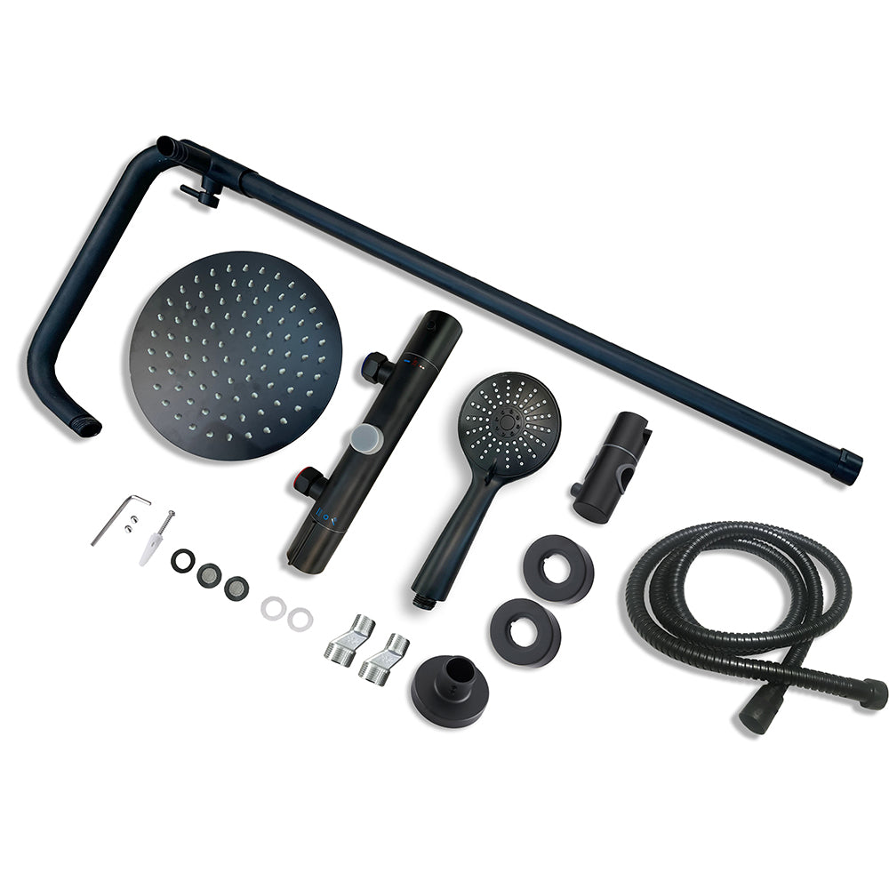 Columna de Ducha Termostática con Redonda Barra y Alcachofa Superior Negro Mate Diseño Sencillo para Baño Aica Sanitarios