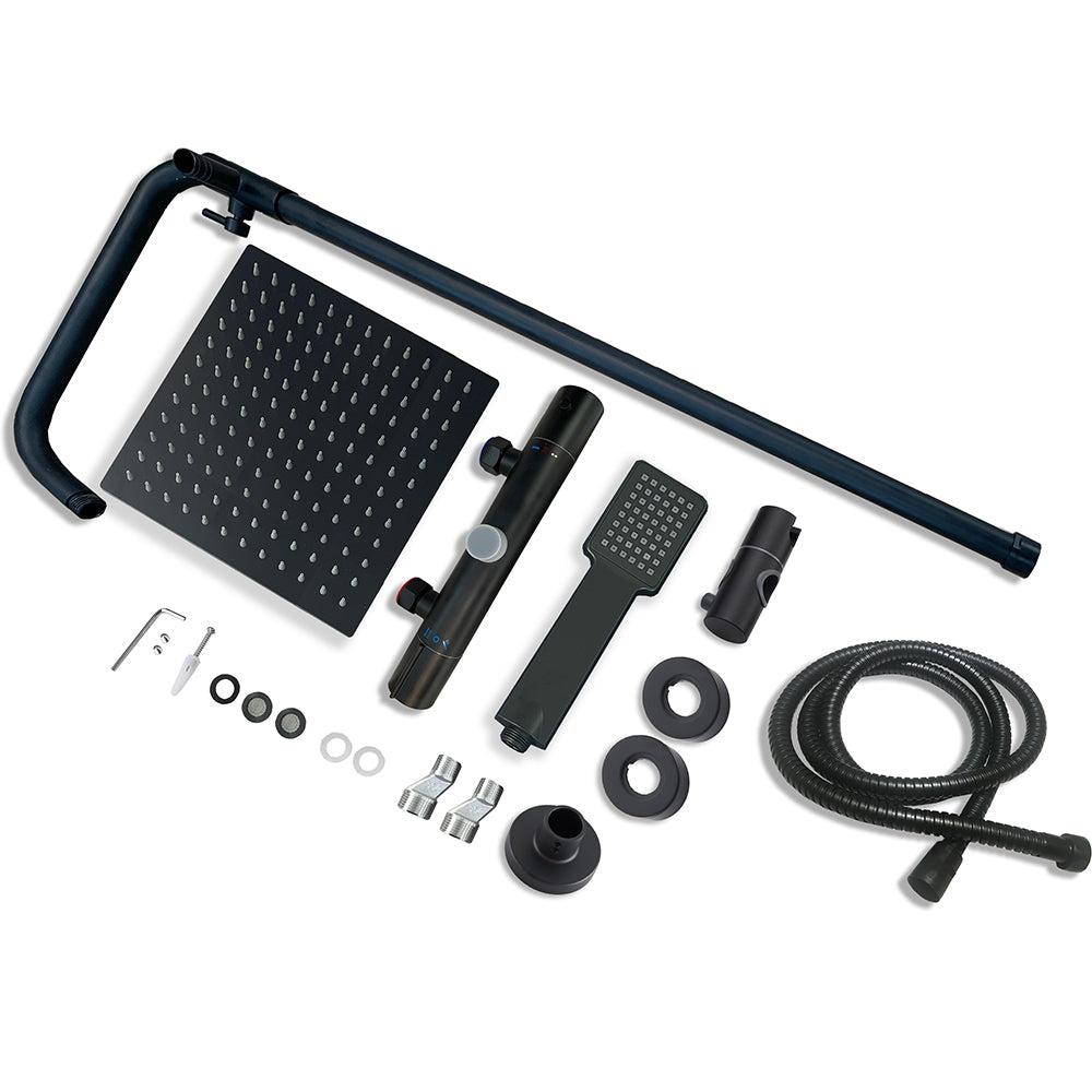 Columna de Ducha Termostática con Alcachofa Cuadrada Grande 10 pulgadas Barra Negro Mate para Baño Aica Sanitarios