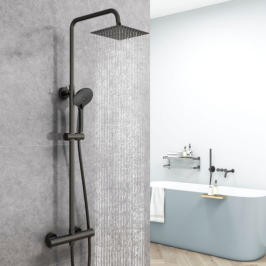 Columna de Ducha Termostática Alcachofa de con Redonda Barra y Cuadrada Ducha Lluvia Negro Mate para Baño