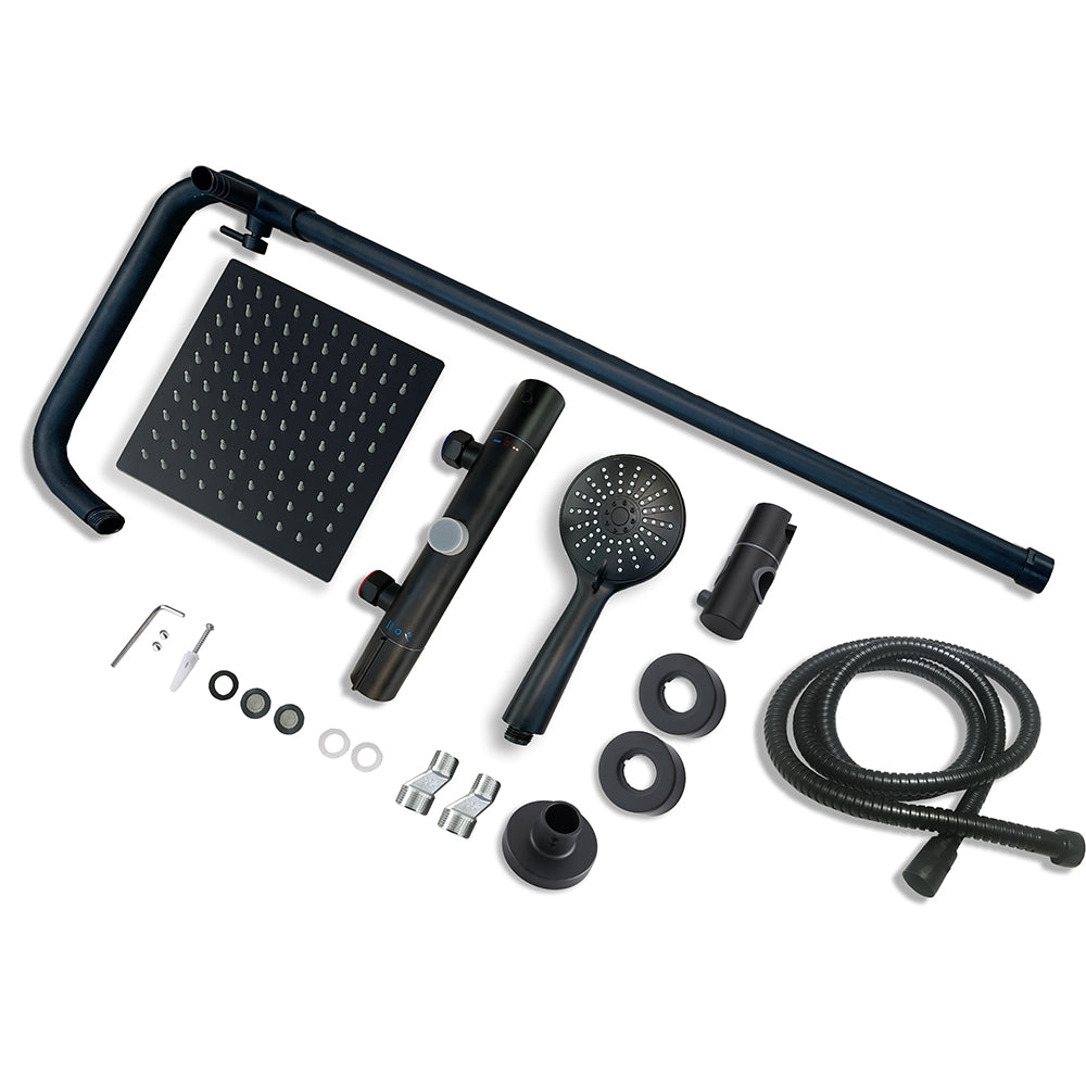 Columna de Ducha Termostática Alcachofa de con Redonda Barra y Cuadrada Ducha Lluvia Negro Mate para Baño