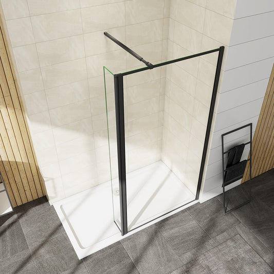 Walkin Mampara Panel de ducha borde de serigrafía negra 2hojas Vidrio 8mm Antical con Barra Negra 73-120cm AICA