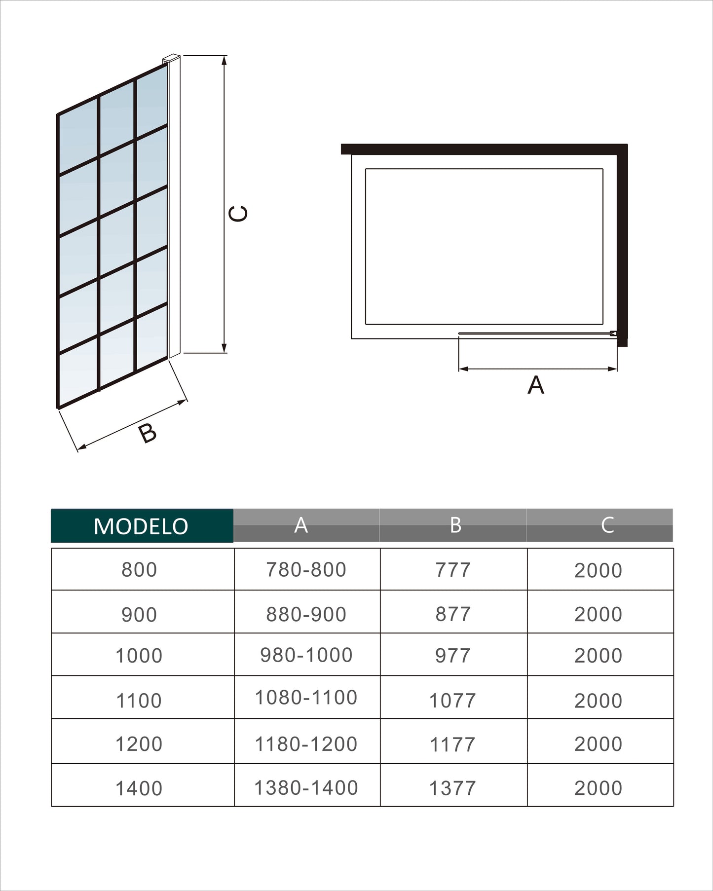 Mamparas de ducha pantalla panel fijo estilo industrial negro mate con cuadrados cristal antical 8mm con Barra