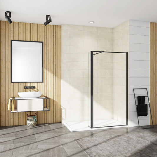 AICA Walkin Mampara Panel de ducha borde de serigrafía negra 2 hojas Vidrio 8mm Antical con Barra1 Negra mate 90cm