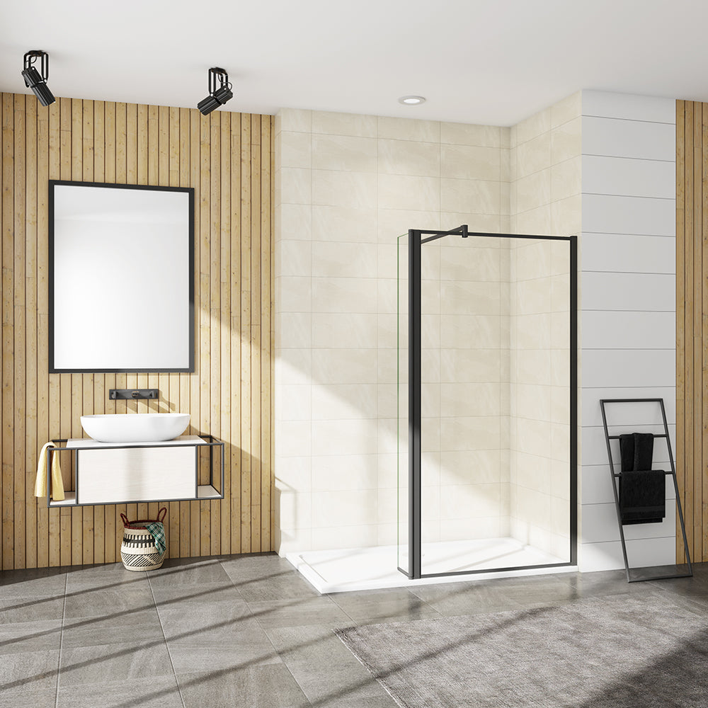 Walkin Mampara Panel de ducha borde 8mm Antical con Barra Negra mate 140cm F132-30