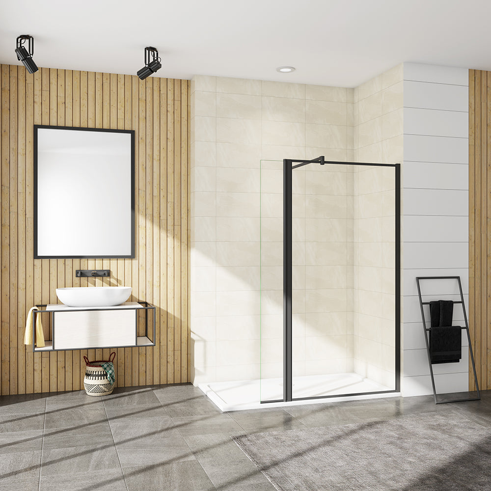 Walkin Mampara Panel de ducha borde 8mm Antical con Barra Negra mate 140cm F132-30