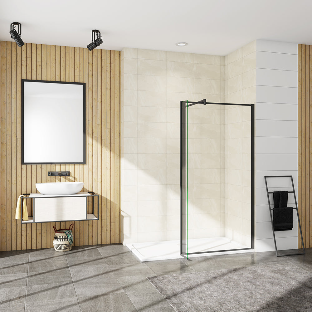 Walkin Mampara Panel de ducha borde 8mm Antical con Barra Negra mate 140cm F132-30