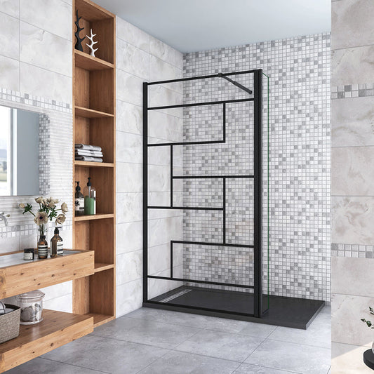 Walkin Mampara Panel de ducha Serigrafiado de línea negra 2 hojas Vidrio 8mm Antical con Barra Negra mate