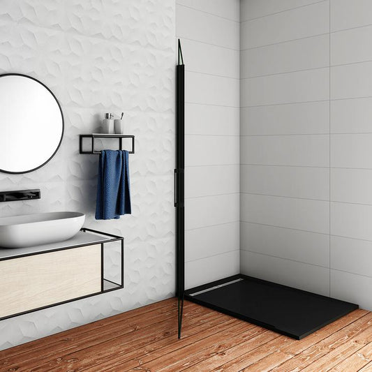 200cm Walk in 1 hojas Abatible perfiles negros mate, vidrio de templado seguridad, antical, transparente de 8mm