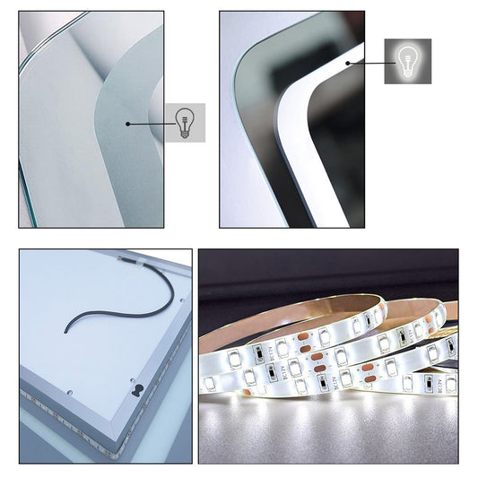 Espejo de Pared en Baño con Iluminación Blanca Fría(Brillo LED Envolvente). Espejo de Baño Antivaho + Dos botones Táctiles