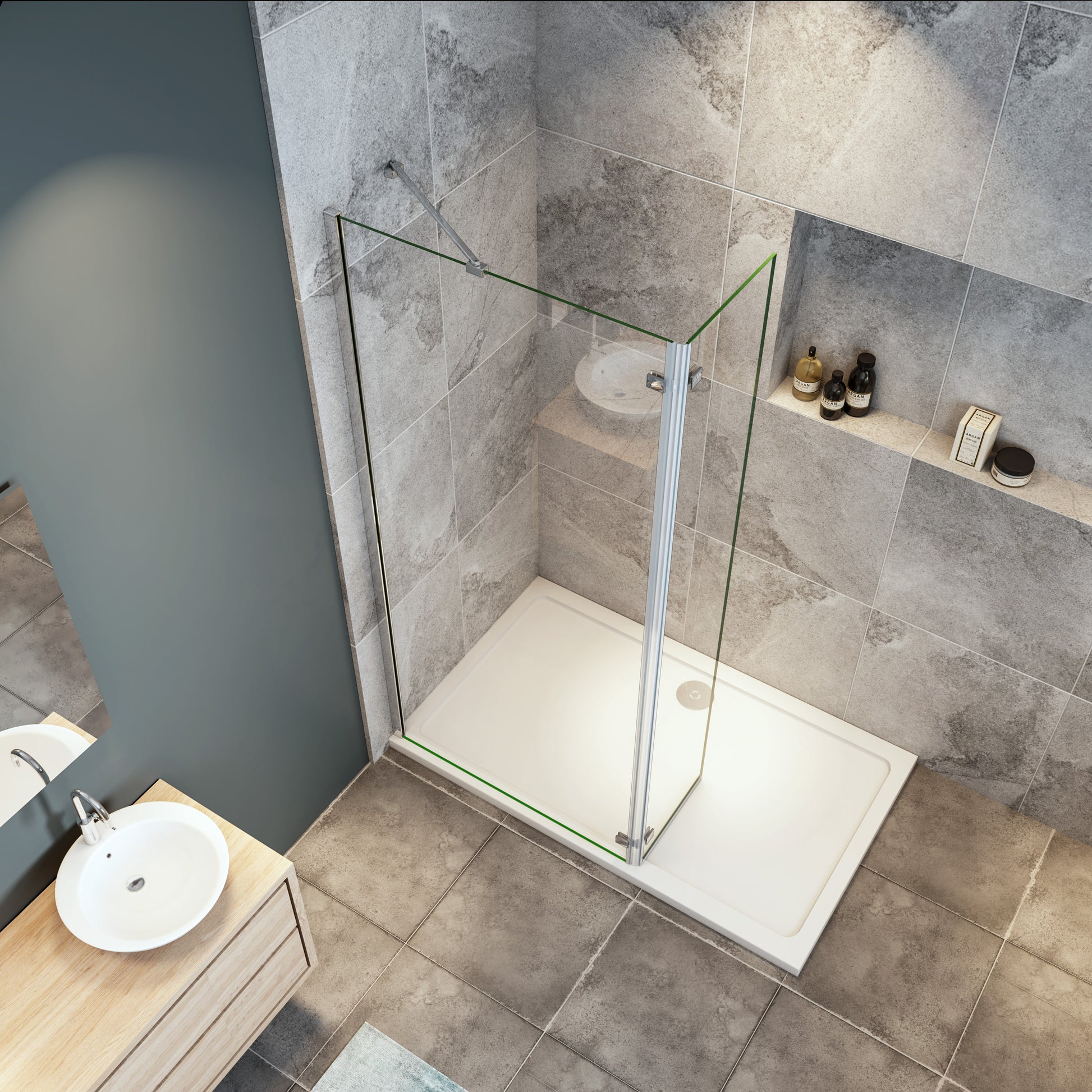 Mampara de Ducha 8mm Frontal Panal Fijo 80/90/100 cm con Panel Abatible de 40 CM y barra de soporte ,vidrio antical de 8 mm