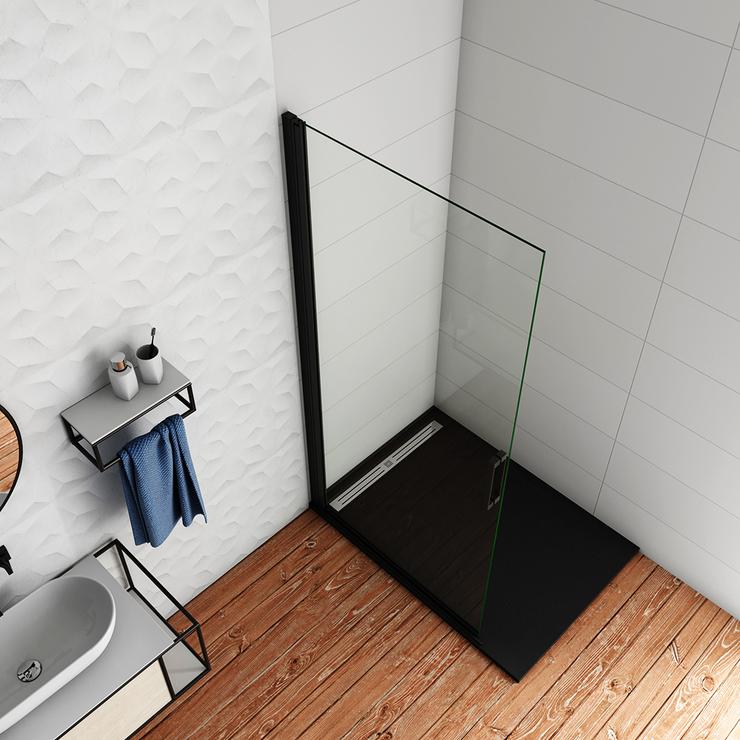 200cm Walk in 1 hojas Abatible perfiles negros mate, vidrio de templado seguridad, antical, transparente de 8mm