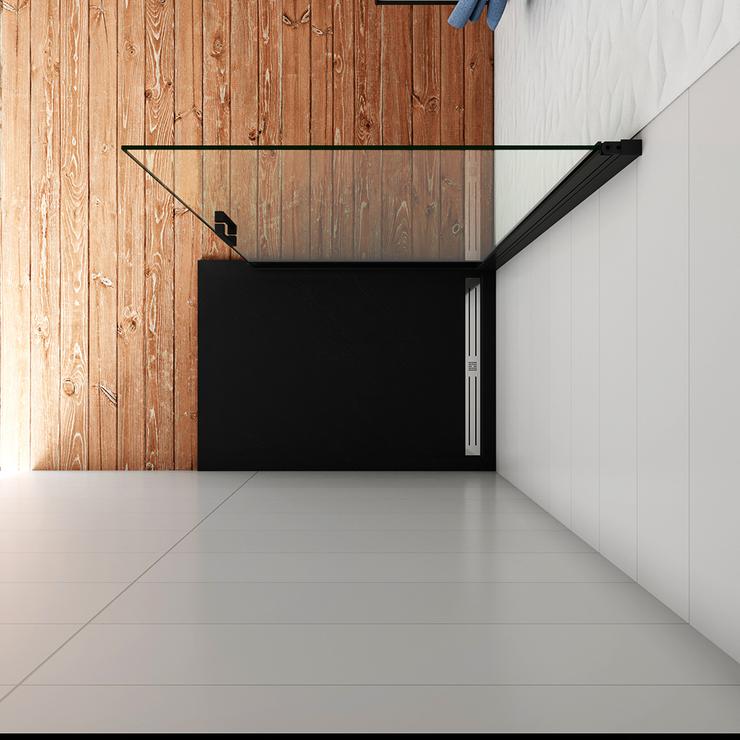 200cm Walk in 1 hojas Abatible perfiles negros mate, vidrio de templado seguridad, antical, transparente de 8mm