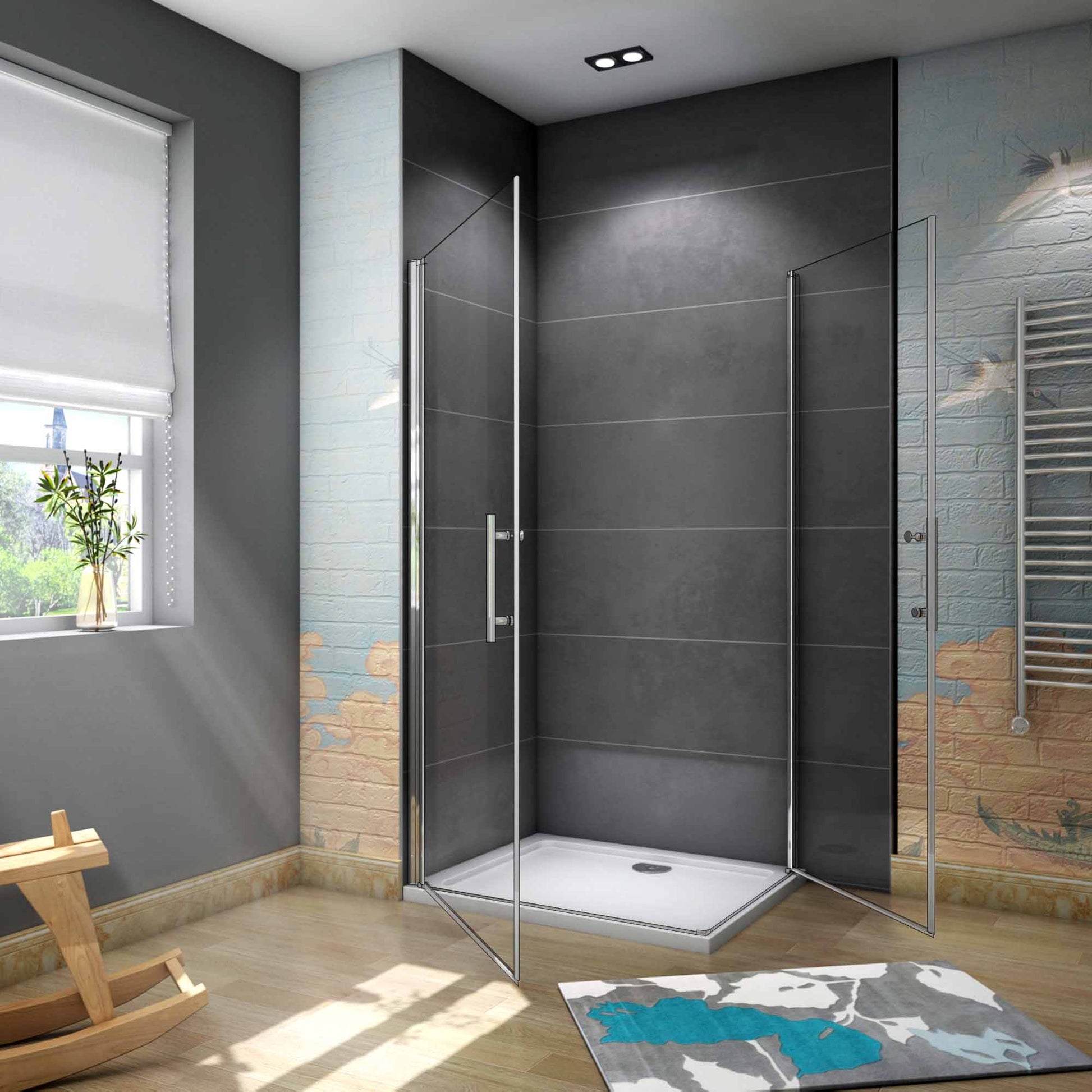 Mampara de ducha con entrada de esquina 180 °+ plato de ducha