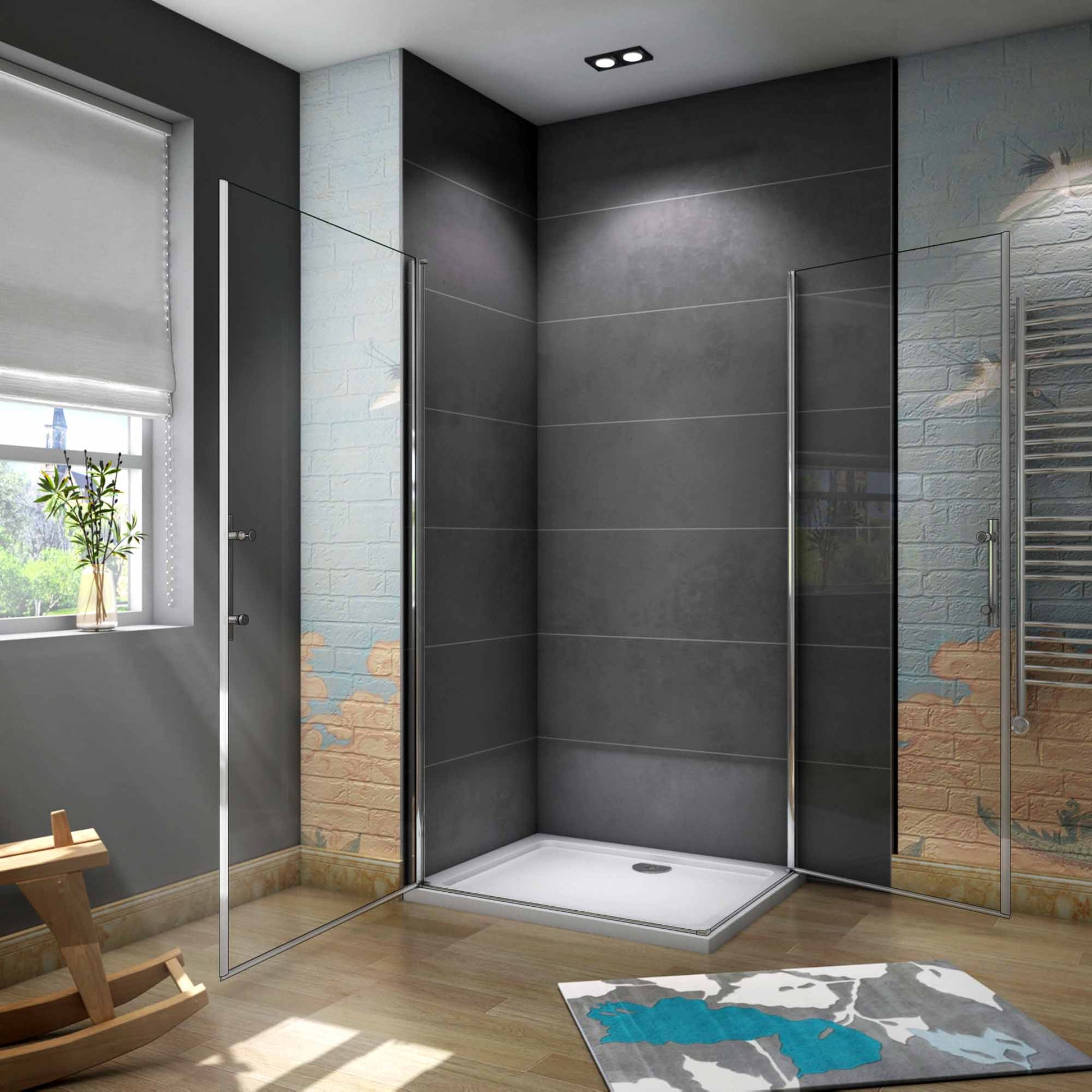 Mampara de ducha con entrada de esquina 180 °+ plato de ducha